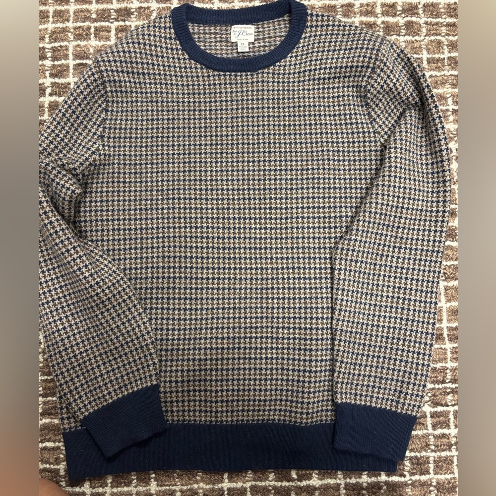 J. Crew Crewneck Sweater in Navy and Tan Houndstooth
